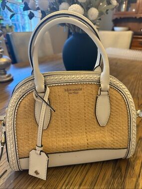 kate spade Reily Natural Straw & White Leather Dome Satchel with Braided Trim